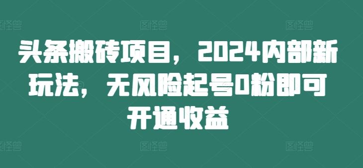 头条搬砖项目，2024内部新玩法，无风险起号0粉即可开通收益-壹浩聊项目