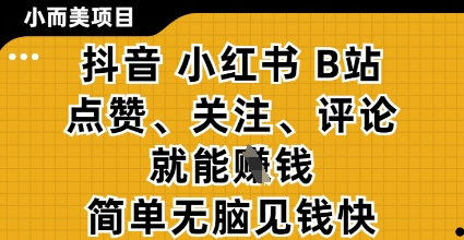 小而美的项目，抖音小红书B站视频点赞、关注、评论就能挣钱，简单无脑立见收益，妥妥的零撸项目【揭秘】-壹浩聊项目