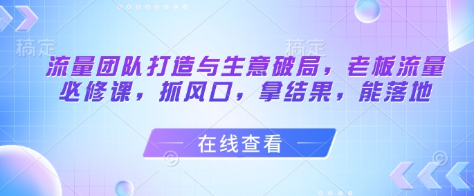 流量团队打造与生意破局，老板流量必修课，抓风口，拿结果，能落地-壹浩聊项目