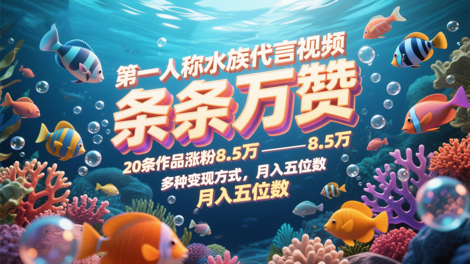 第一人称水族代言视频，条条万赞，20条作品涨粉8.5万，多种变现方式月，入五位数-壹浩聊项目