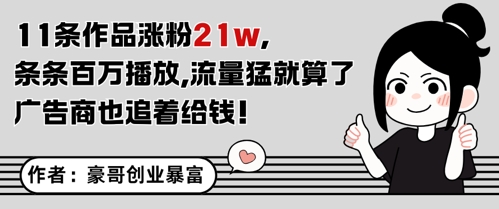11条作品涨粉21W，条条百W播放，流量猛就算了，广告商也追着给钱-壹浩聊项目