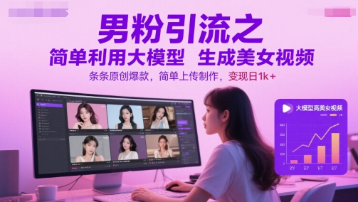 男粉引流之简单利用大模型生成美女视频，条条原创爆款，简单上传制作，变现日1k+-壹浩聊项目