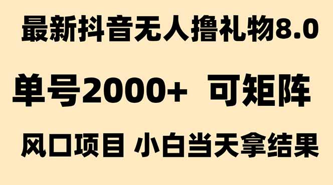 抖音无人撸礼物8.0玩法 全新风口 见效果快 全无人 单号当天产出2000+-壹浩聊项目