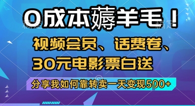 0成本薅羊毛!视频会员、话费卷、30元电影票白送，分享我如何靠转卖一天变现5张+【揭秘】-壹浩聊项目