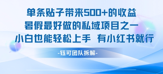 单条贴子带来5张的收益，暑假最好做的私域项目之一，小白也能轻松上手，有小红书就行-壹浩聊项目