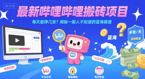 最新哔哩哔哩上B站搬砖项目，每天能挣几张？揭秘一般人不知道的蓝海赛道-壹浩聊项目