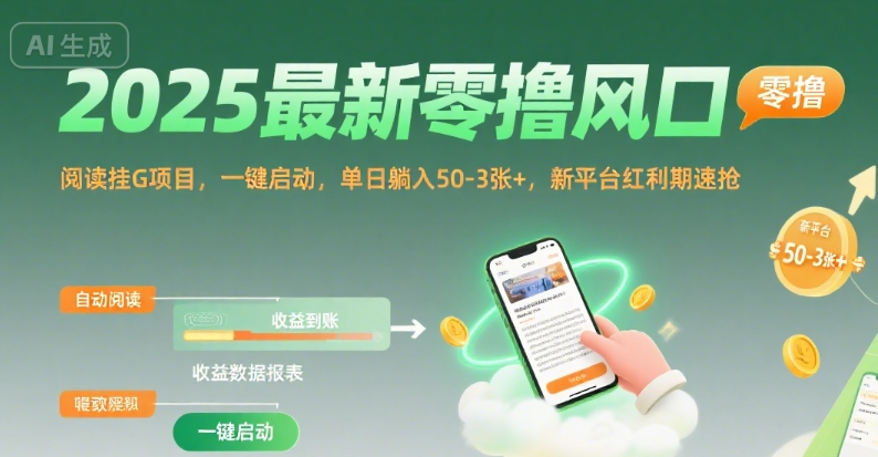 2025最新零撸风口，阅读挂G项目，一键启动，单日躺入 50-3张+，新平台红利期速抢【揭秘】-壹浩聊项目