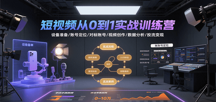 短视频从0到1实战训练营：设备准备/账号定位/对标账号/视频创作/数据分析/投流变现-壹浩聊项目