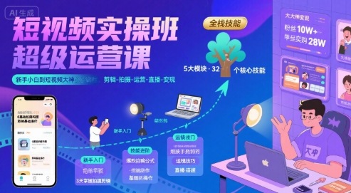 短视频实操班超级运营课，新手小白到短视频大神必修课程，剪辑-拍摄-运营-直播-变现-壹浩聊项目