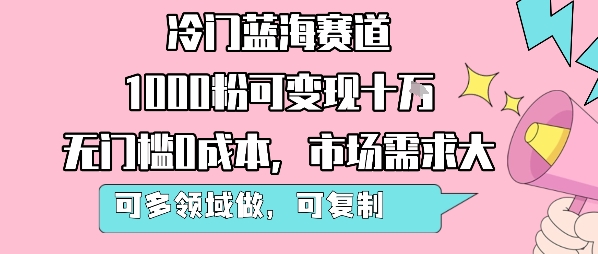 冷门蓝海赛道，1000粉可变现十W，无门槛0成本，市场需求大，可多领域做，可复制性强-壹浩聊项目