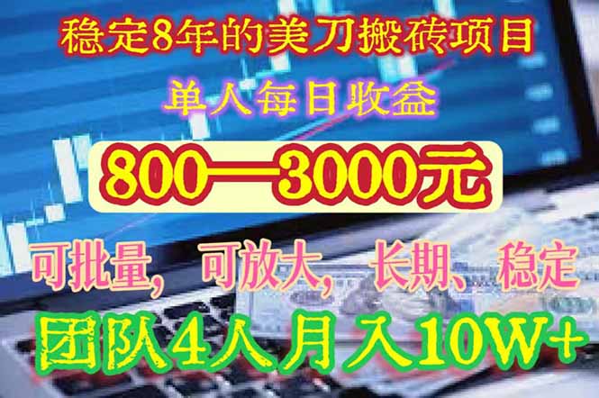 稳定8年的美刀搬砖项目，单人每日收益800—3000.团队4人月入10W+.可线下-壹浩聊项目