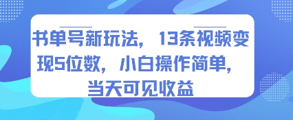 书单号新玩法，13条视频变现5位数，小白操作简单，当天可见收益-壹浩聊项目
