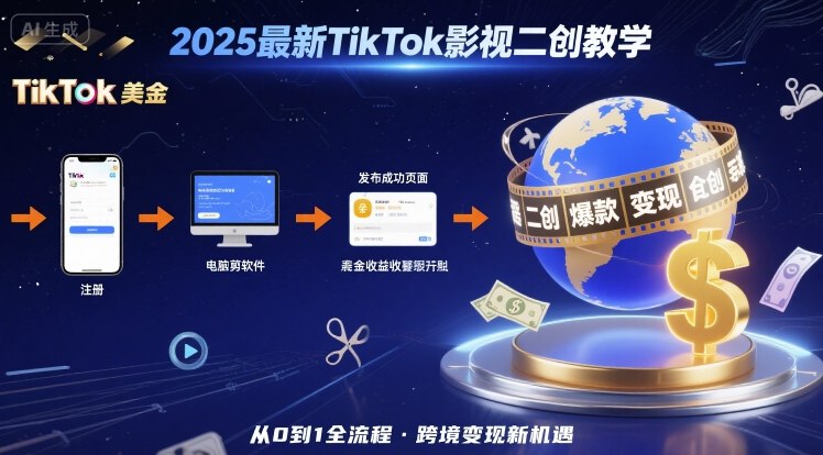 2025年最新TikTok影视二创教学，从注册到发布撸美金全流程，跨境变现新机遇-壹浩聊项目