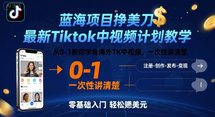 蓝海项目挣美刀，最新Tiktok中视频计划教学，从0-1教你学会海外TK中视频，一次性讲清楚-壹浩聊项目