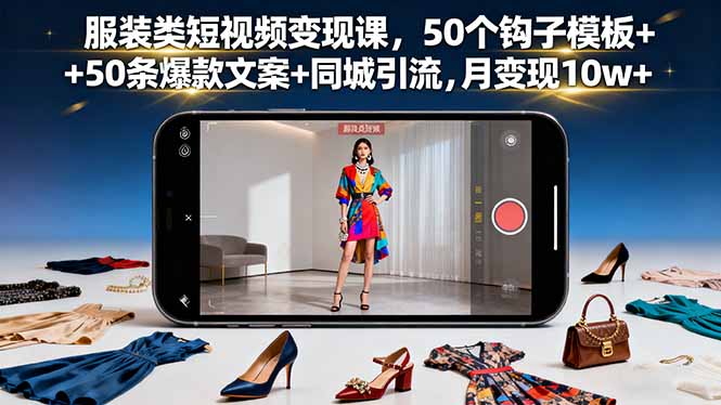 服装类短视频变现课，50个钩子模板+50条爆款文案+同城引流，月变现10w+-壹浩聊项目