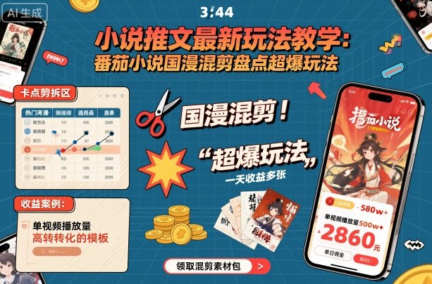 小说推文最新玩法教学，番茄小说国漫混剪盘点超爆玩法，全程干货，一天收益多张-壹浩聊项目