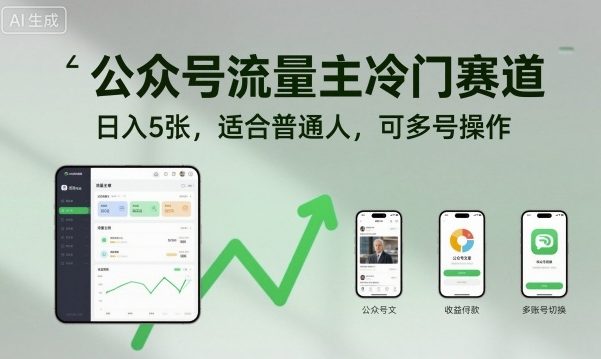 公众号流量主冷门赛道，日入5张，适合普通人，可多号操作-壹浩聊项目