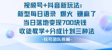 视频号加抖音新玩法：爆火新型每日语录，收徒教学加分成计划，三种变现玩法，当日变现7张-壹浩聊项目