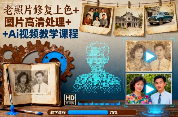 老照片修复上色+图片高清处理+Ai视频教学课程-壹浩聊项目