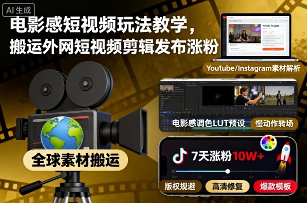 电影感短视频玩法教学，搬运外网短视频剪辑发布涨粉-壹浩聊项目