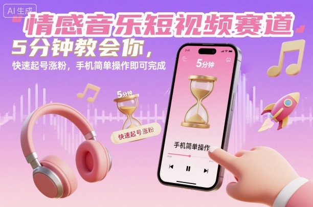 情感音乐短视频赛道，5分钟教会你，快速起号涨粉，手机简单操作即可完成-壹浩聊项目