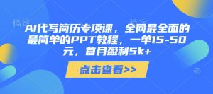 AI代写简历专项课，全网最全面的最简单的PPT教程，一单15-50元，首月盈利5k+-壹浩聊项目