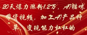 20天爆力涨粉1.2W,AI猫咪带货视频,加上AI产品种草,变现能力杠杠的-壹浩聊项目