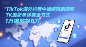 TikTok海外抖音中视频陪跑课程,TK最简单挣美金方式,1万播放挣8刀-壹浩聊项目