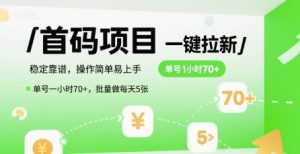 首码一键拉新项目，稳定靠谱，操作简单易上手，单号一小时70+，批量做每天5张【揭秘】-壹浩聊项目