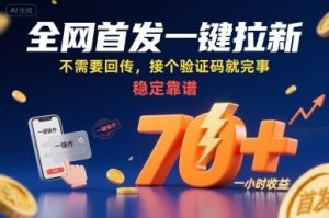 全网首发一键拉新项目，不需要回传，接个验证码就完事，稳定靠谱，一小时收益70+【揭秘】-壹浩聊项目