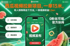 西瓜视频拉新项目，一单13米，有人悄悄用这个方法，一条视频收益2.5w+(附详细教程)-壹浩聊项目