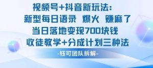 视频号加抖音新玩法:爆火新型每日语录,收徒教学加分成计划,三种变现玩法,当日变现7张-壹浩聊项目